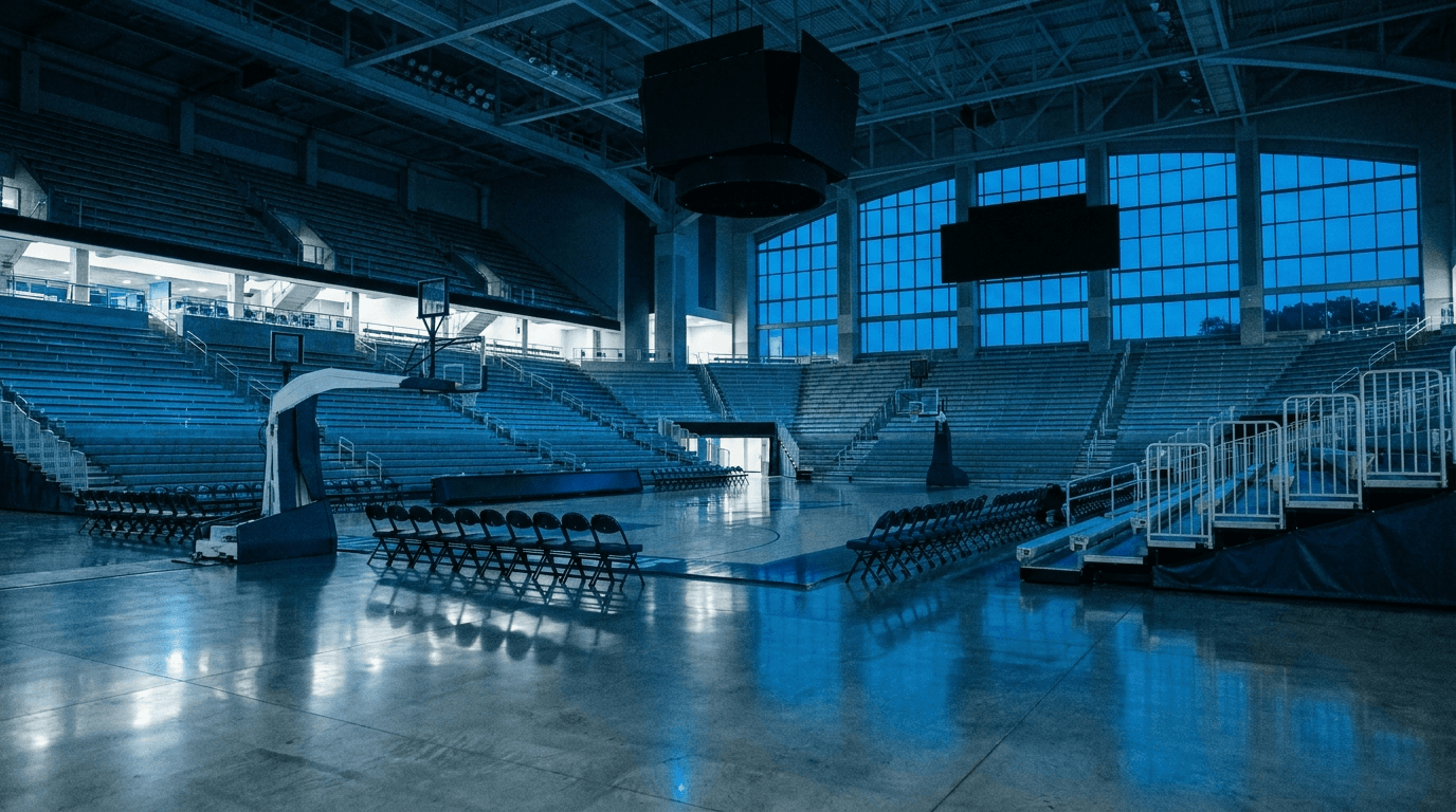 Empty collegiate arena stands at blue hour.